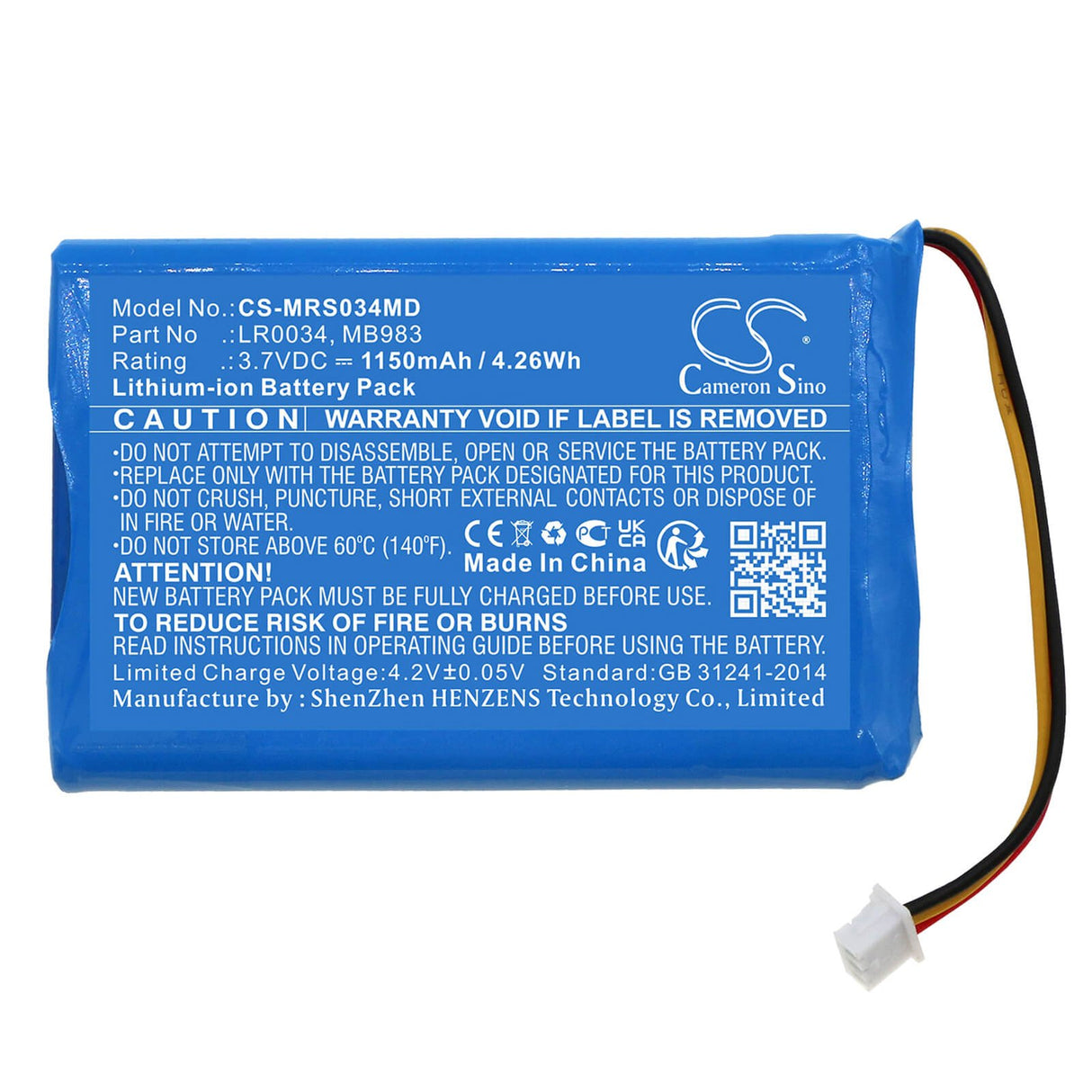 3.7V, Li-ion, 1150mAh, Medical battery fits Mir, 970085, Spirobank Ii Basic Spirometer, Spirobank Ii Smart Ble Spirome, 4.26Wh Medical Cameron Sino Technology Limited (Medical)