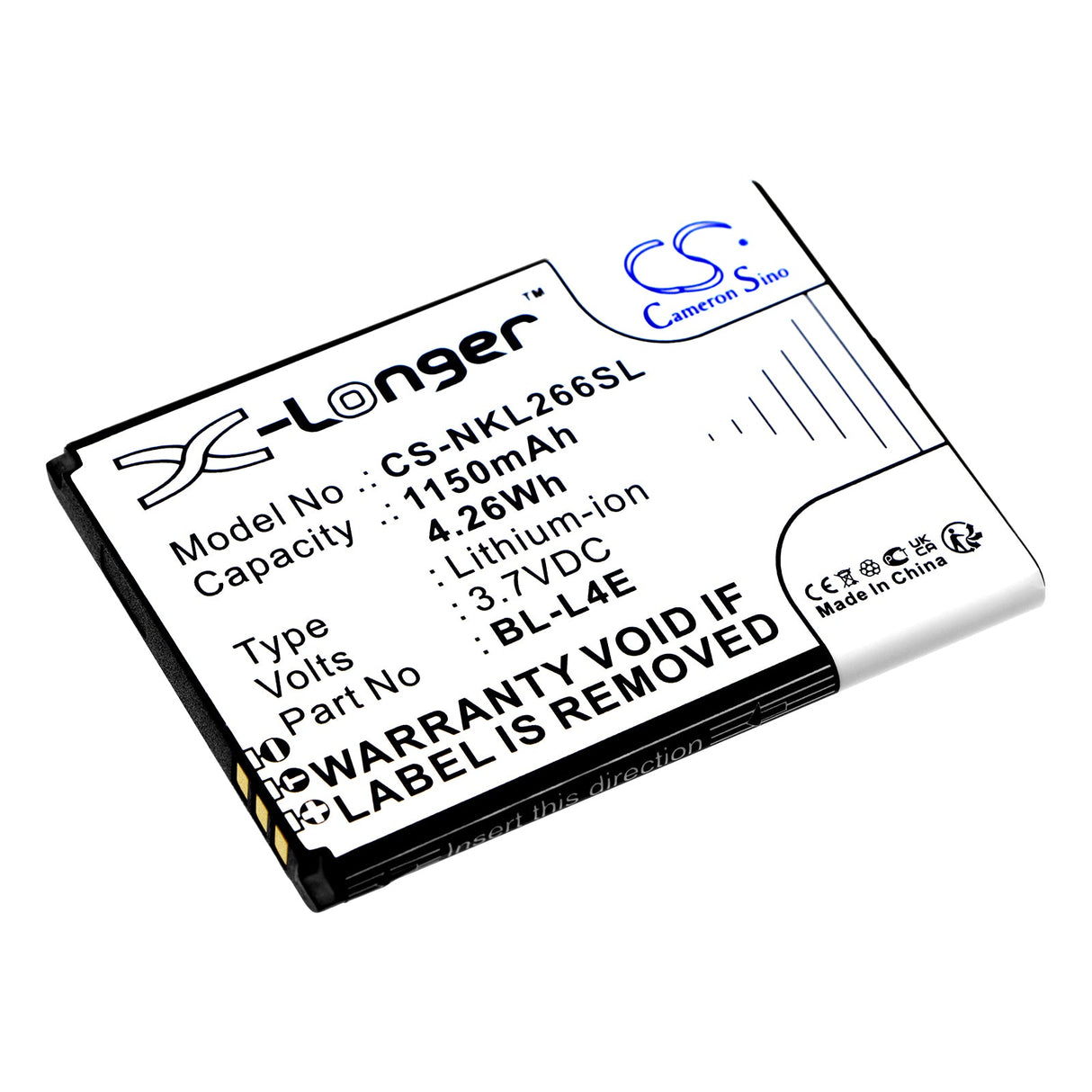 3.7V, Li-ion, 1150mAh, SmartPhone battery fits Nokia, Bl-l4e, 2660 Flip 4g, 4.26Wh Mobile, SmartPhone Cameron Sino Technology Limited (Smartphone)