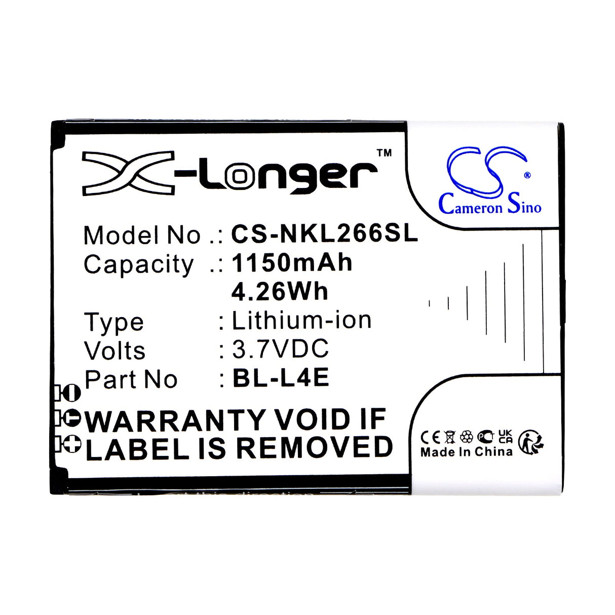 3.7V, Li-ion, 1150mAh, SmartPhone battery fits Nokia, Bl-l4e, 2660 Flip 4g, 4.26Wh Mobile, SmartPhone Cameron Sino Technology Limited (Smartphone)