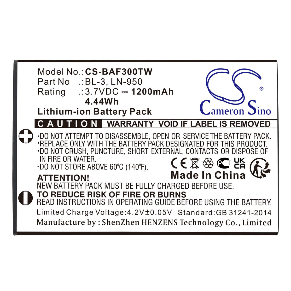 3.7V, Li-ion, 1200mAh, Two-Way Radio battery fits Weierwei, Yaesu, Baofeng, Intek, Bl-3, Bf-r5, Bf-t6, 4.44Wh Two-Way Radio Cameron Sino Technology Limited