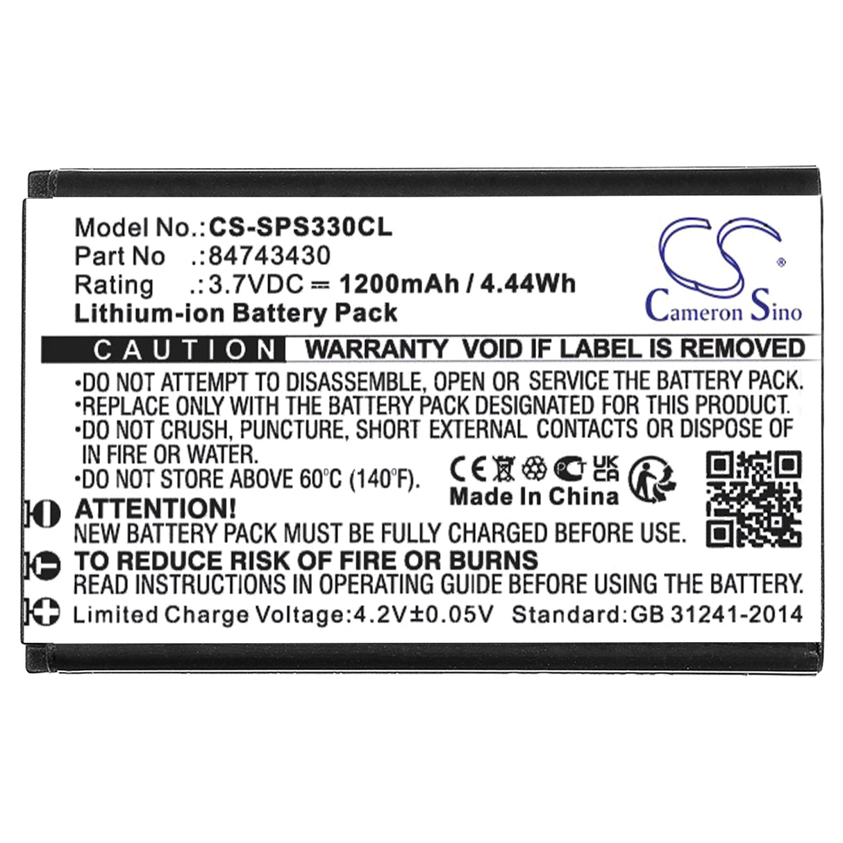 3,7V, Li-ion, 1200mAh, Batterie de téléphone sans fil compatible avec Spectralink, 84743430, S33, S33 Dect, 4,44Wh Téléphone sans fil Cameron Sino Technology Limited (Téléphone sans fil)