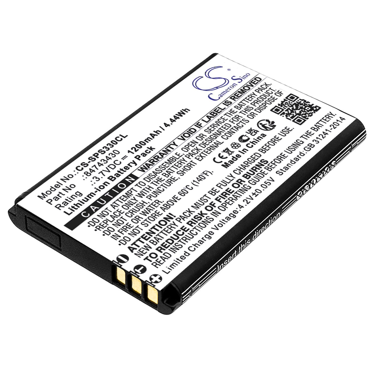 3,7V, Li-ion, 1200mAh, Batterie de téléphone sans fil compatible avec Spectralink, 84743430, S33, S33 Dect, 4,44Wh Téléphone sans fil Cameron Sino Technology Limited (Téléphone sans fil)