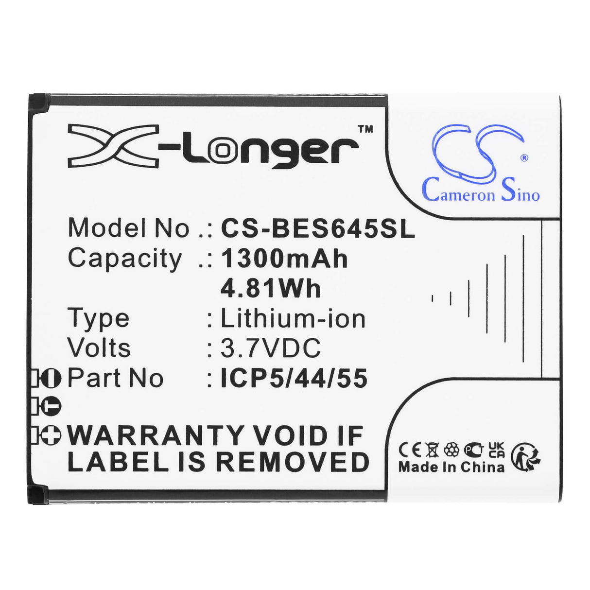 3.7V, Li-ion, 1300mAh, SmartPhone battery fits Bea-fon, Icp5/44/55, Sl645, Sl645 Plus, 4.81Wh Mobile, SmartPhone Cameron Sino Technology Limited (Smartphone)