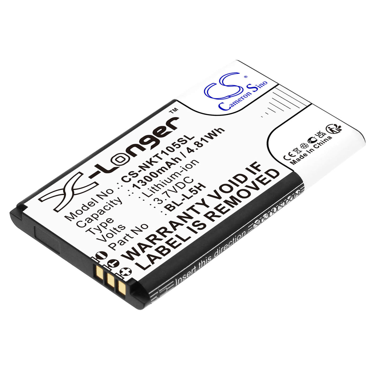 3.7V, Li-ion, 1300mAh, SmartPhone battery fits Nokia, Bl-l5h, 105 2023, 105 4g, 4.81Wh Mobile, SmartPhone Cameron Sino Technology Limited (Smartphone)