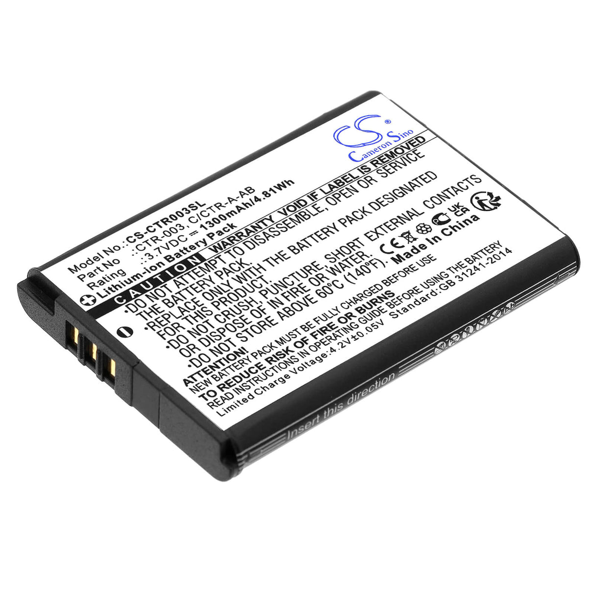 3.7V, Li-ion, 1300mAh, Game Console battery fits Nintendo, C/ctr-a-ab, 2ds Xl, 3ds, 4.81Wh Game Console Cameron Sino Technology Limited