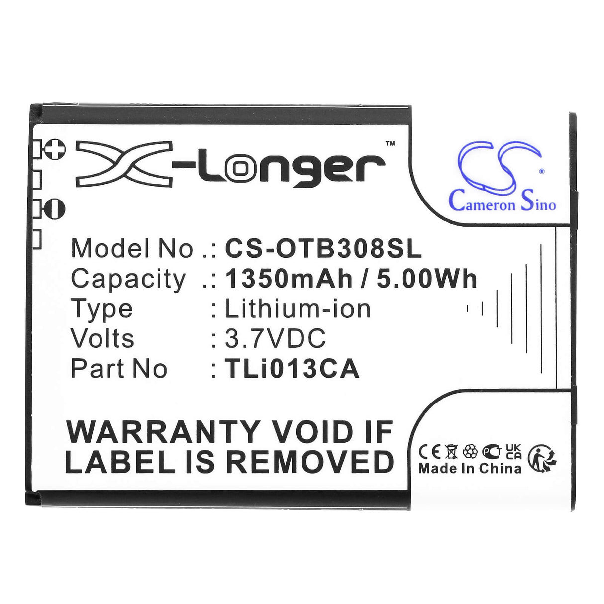 3.7V, Li-ion, 1350mAh, Batterie de smartphone compatible avec Alcatel, Tli013ca, Onetouch 3082x, Ot-3082, 5Wh Mobile, Smartphone Cameron Sino Technology Limited (Smartphone)