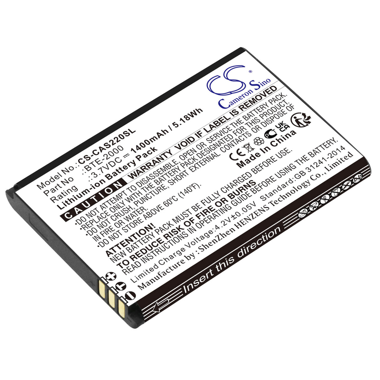 3,7V, Li-ion, 1400mAh, batterie de smartphone compatible avec Caterpillar, Cat, Bte-2000, S22, S22 Flip, 5,18Wh Mobile, Smartphone Cameron Sino Technology Limited (Smartphone)
