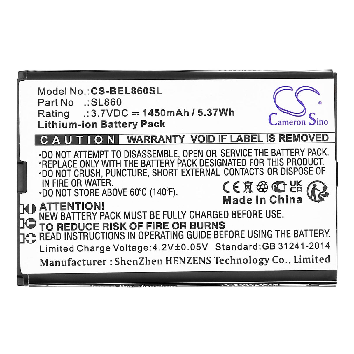 3,7V, Li-ion, 1450mAh, batterie de smartphone compatible avec Bea-fon, Sl860, Sl860 Touch, Sl860_eu001b, 5,37Wh Mobile, Smartphone Cameron Sino Technology Limited (Smartphone)