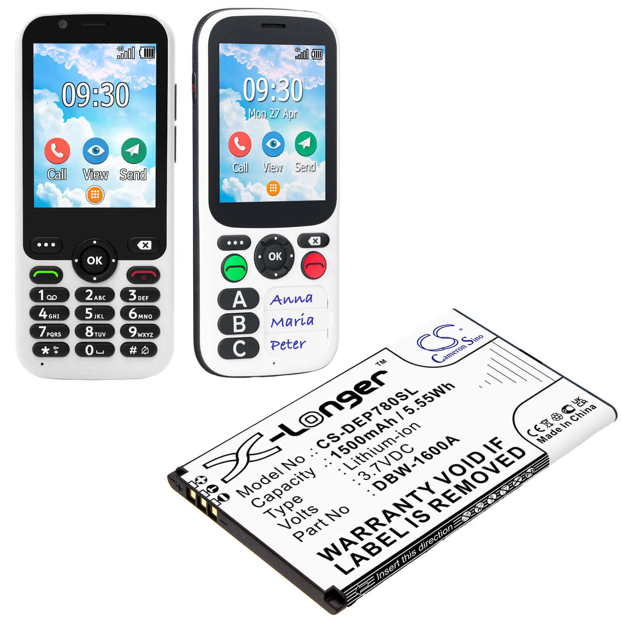 3.7V, Li-ion, 1500mAh, SmartPhone battery fits Doro, Dbw-1600a, 7010, 7011, 5.55Wh Mobile, SmartPhone Cameron Sino Technology Limited (Smartphone)