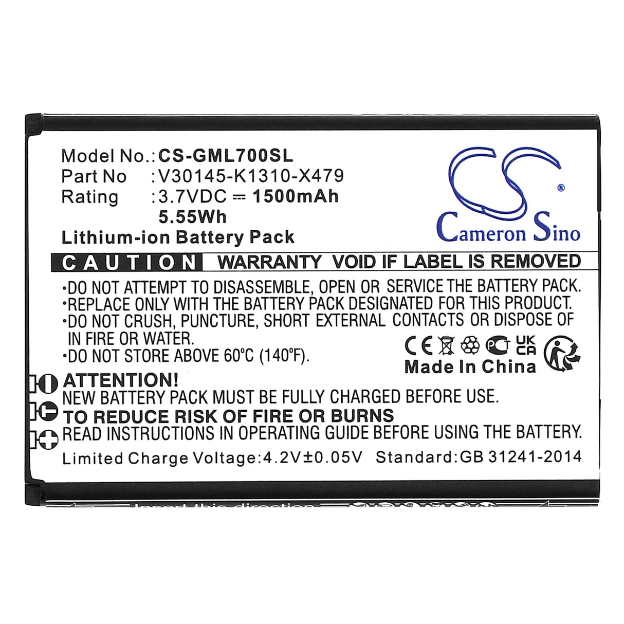 3,7V, Li-ion, 1500mAh, batterie de smartphone compatible Gigaset, V30145-k1310-x479, Gl7, 5,55Wh Mobile, Smartphone Cameron Sino Technology Limited (Smartphone)