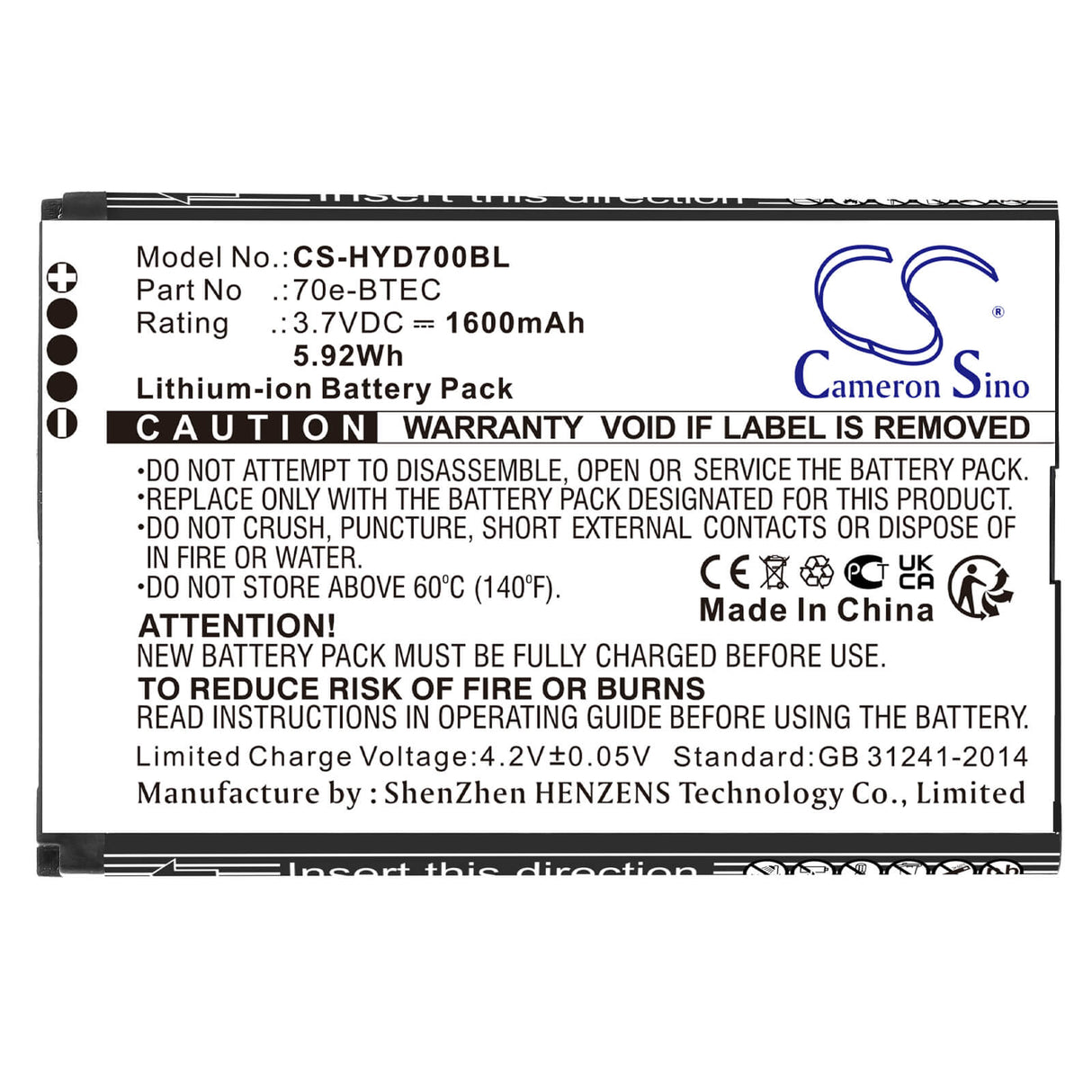 3.7v, Li-ion, 1600mah, Barcode Scanner Battery Fits Honeywell, Captuvo Sl42 Sled, Dolphin 60s, 5.92wh Barcode Scanner Cameron Sino Technology Limited