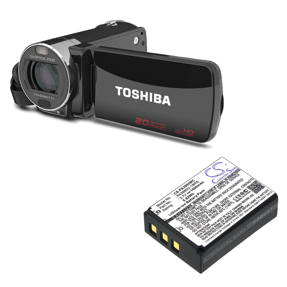 3.7V, Li-ion, 1600mAh, Camera battery fits Toshiba, Pa3985, Camileo X200, Camileo X400, 5.92Wh Camera Cameron Sino Technology Limited (Camera)