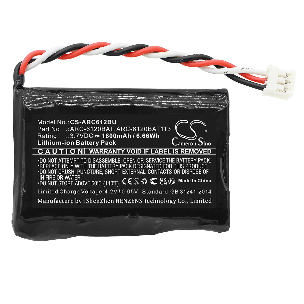 3.7V, Li-ion, 1800mAh, RAID Controller battery fits Areca, 91-6120ba-t021, Arc-11xx(ml), Arc-1203-(2i/4i/8i), 6.66Wh RAID Controller Cameron Sino Technology Limited