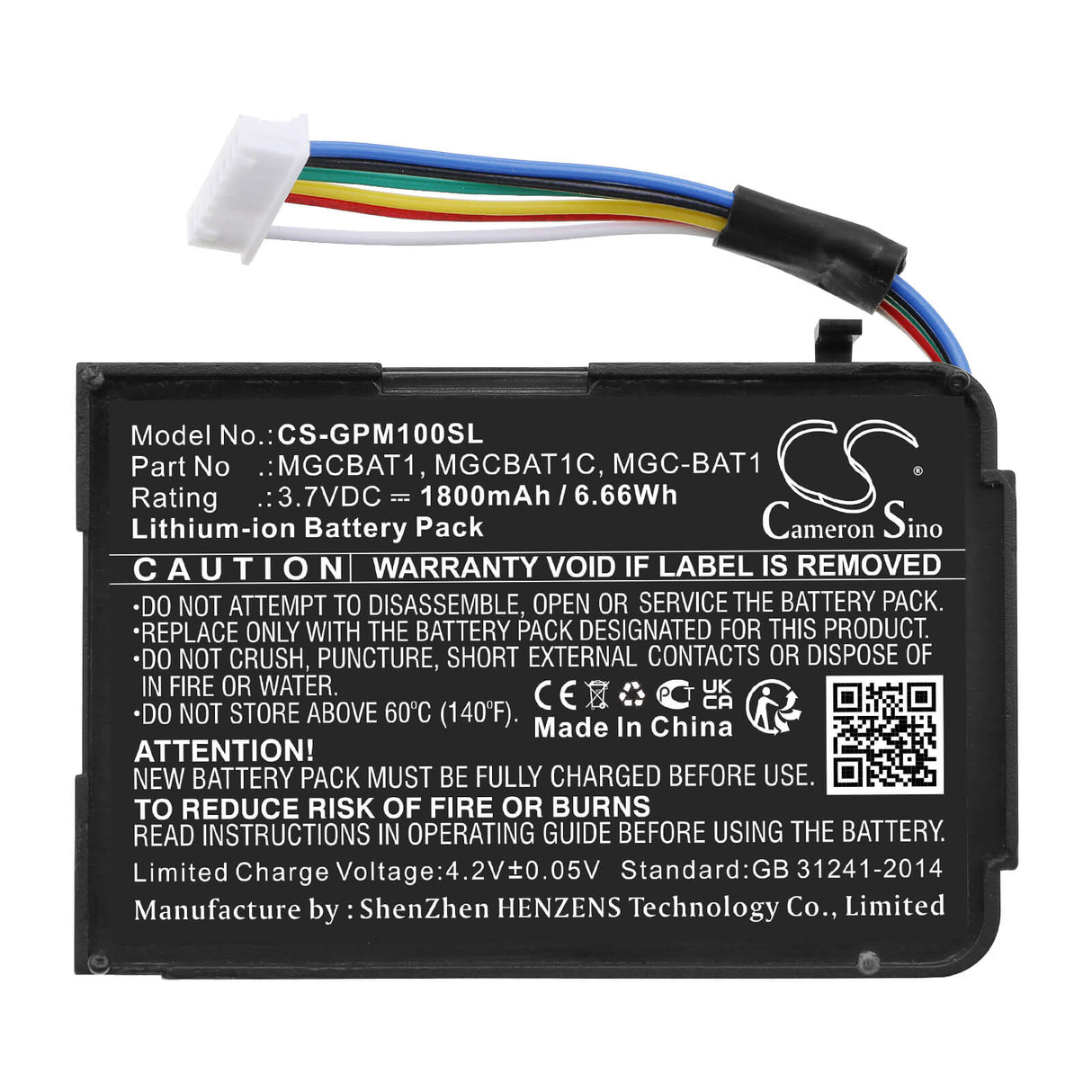 3,7V, Li-ion, 1800mAh, Batterie d'équipement convient pour Gasclip, Mgcbat1, MGC, Détecteurs Mgc-pump, 6,66Wh Équipement, Enquête, Test Cameron Sino Technology Limited