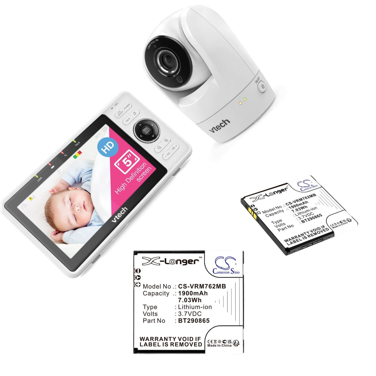 3,7v, Li-ion, 1900mah, Batterie pour Babyphone compatible avec Vtech, Rm5752, Rm5762, 7,03wh BabyPhone Cameron Sino Technology Limited