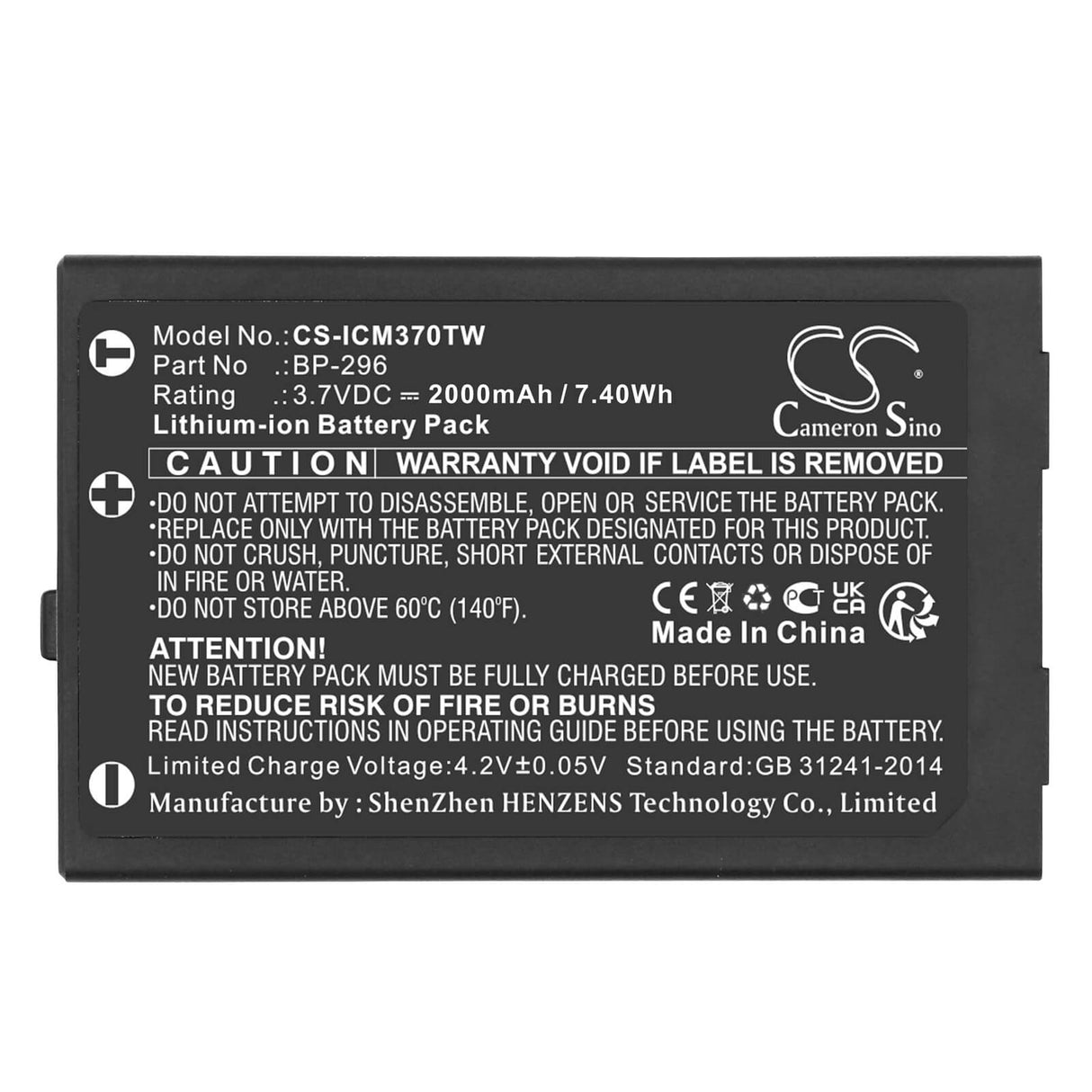 3.7V, Li-ion, 2000mAh, Two-Way Radio battery fits Icom, Bp-296, Ic-m37, Ic-m37e, 7.4Wh Two-Way Radio Cameron Sino Technology Limited