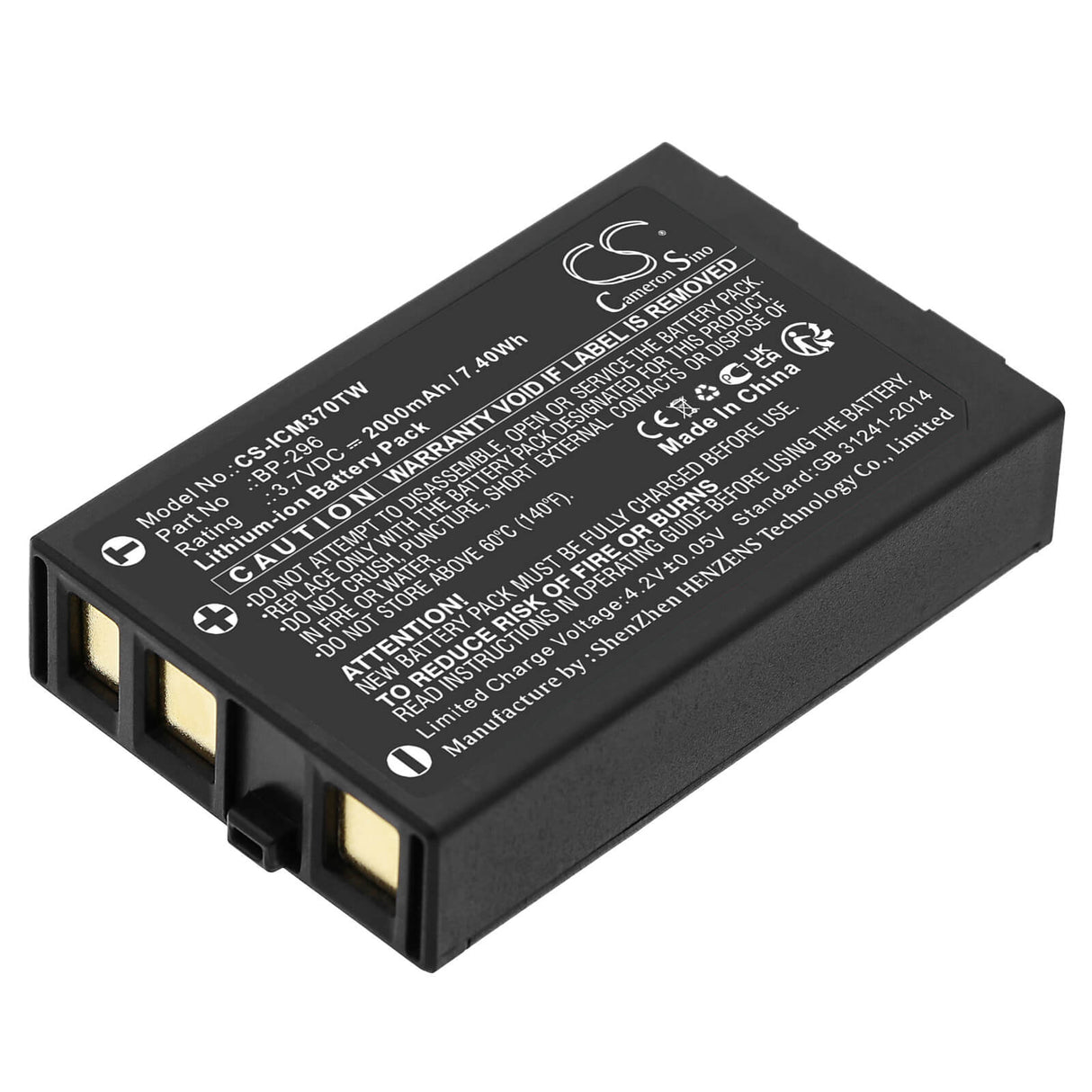 3.7V, Li-ion, 2000mAh, Two-Way Radio battery fits Icom, Bp-296, Ic-m37, Ic-m37e, 7.4Wh Two-Way Radio Cameron Sino Technology Limited