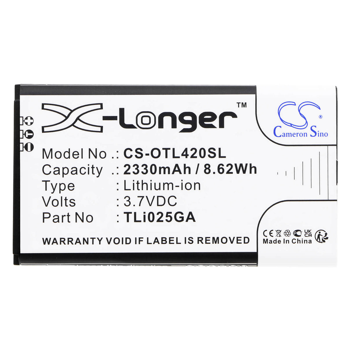 3.7V, Li-ion, 2330mAh, Hotspot battery fits Alcatel, Tli025ga, Link Zone, Mw42lm, 8.62Wh Hotspot Cameron Sino Technology Limited
