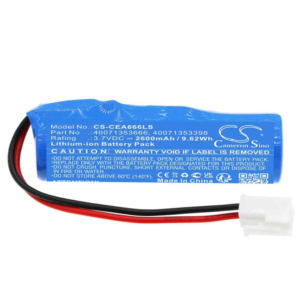 3.7V, Li-ion, 2600mAh, batterie d'éclairage d'urgence compatible avec Eaton, Ceag, 40071353398, lumière d'urgence, lumière de sécurité, 9.62Wh Éclairage d'urgence Cameron Sino Technology Limited