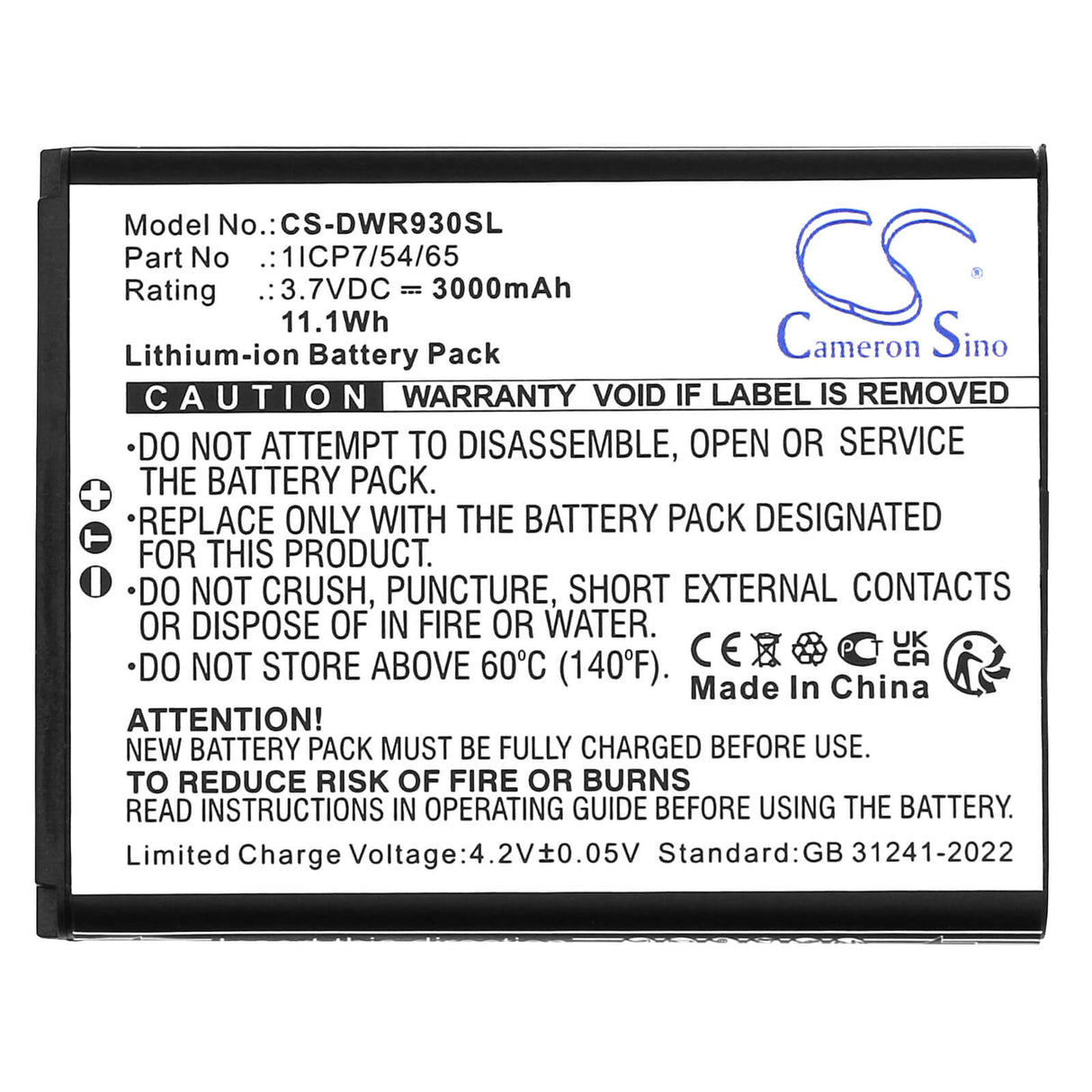 3.7V, Li-ion, 3000mAh, Hotspot battery fits D-link, Dwr-930m, 11.1Wh Hotspot Cameron Sino Technology Limited