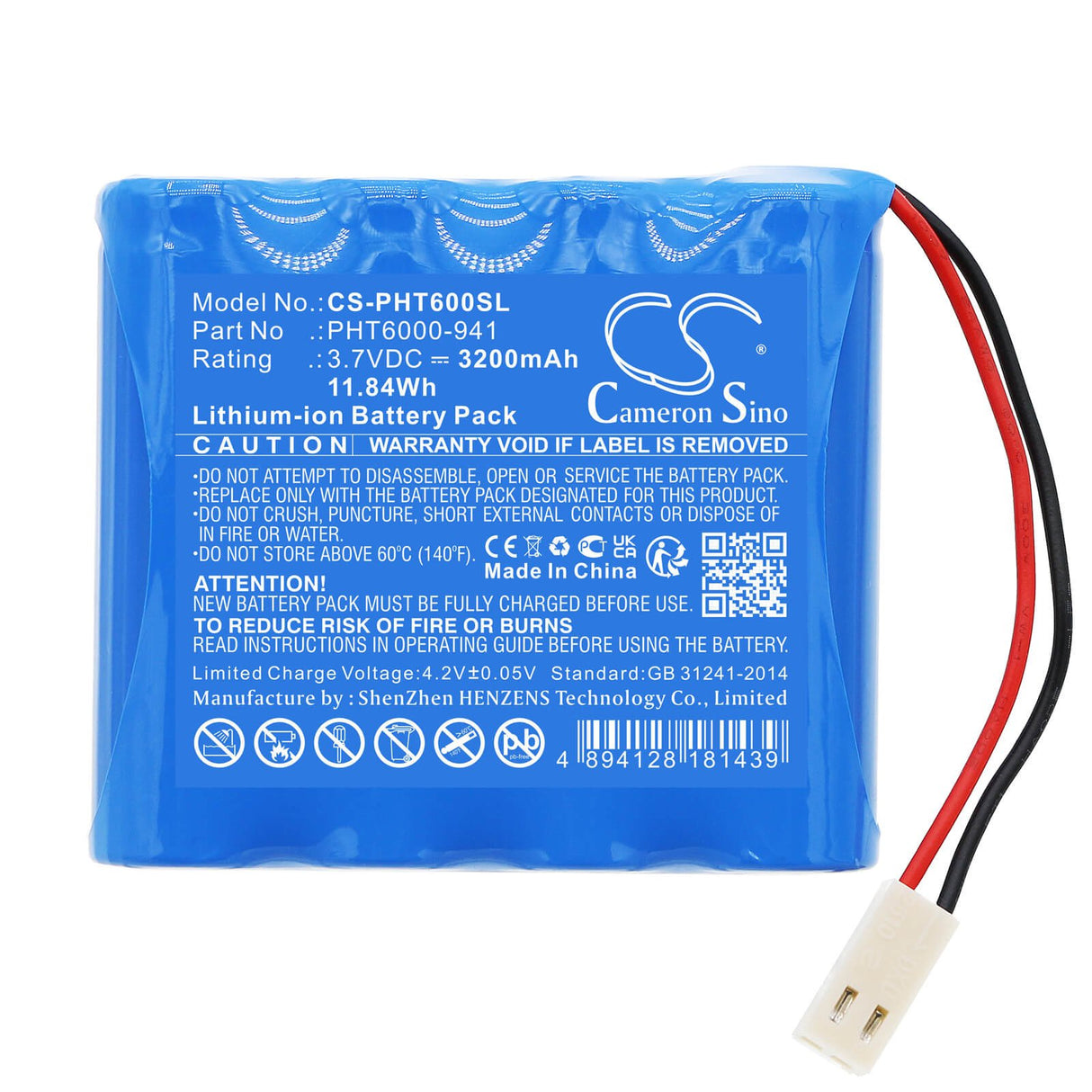 3,7V, Li-ion, 3200mAh, Batterie d'équipement compatible avec Phase, Pht6000-941, Phase II, Pht6000, 11,84Wh Équipement, Enquête, Test Cameron Sino Technology Limited