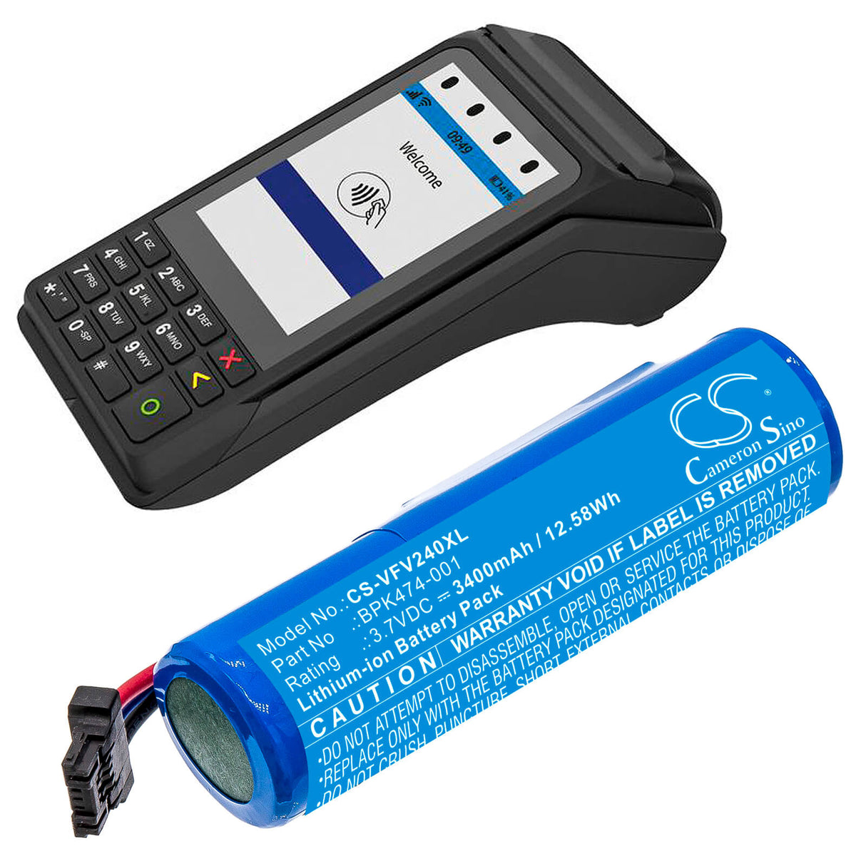 3,7V, Li-ion, 3400mAh, batterie pour terminal de paiement compatible avec Verifone, Bpk474-001, 3gbwc, V240m Plus, 12,58Wh Terminal de paiement Cameron Sino Technology Limited
