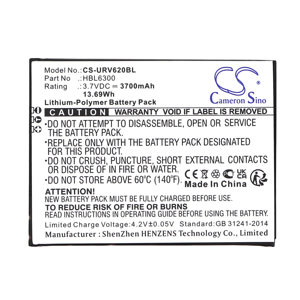 3.7v, Li-ion, 4000mah, Batterie de Scanner de Code-Barres Compatible avec Urovo, I6200, 14.80wh Scanner de Code-Barres Cameron Sino Technology Limited