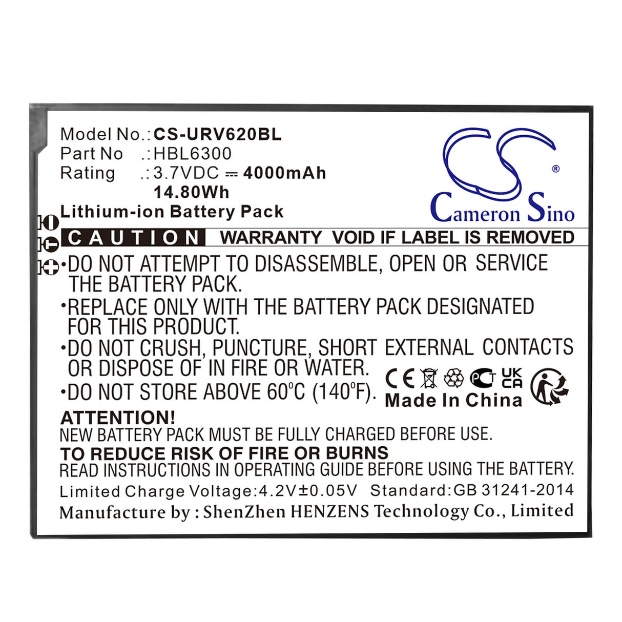 3.7v, Li-ion, 4000mah, Batterie de Scanner de Code-Barres Compatible avec Urovo, I6200, 14.80wh Scanner de Code-Barres Cameron Sino Technology Limited
