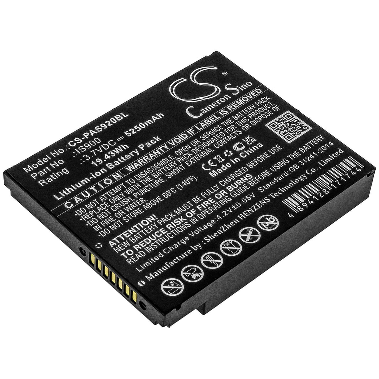 3.7V, Li-ion, 5250mAh, Payment Terminal battery fits Pax, Is900, A920, A920c, 19.43Wh Payment Terminal Cameron Sino Technology Limited