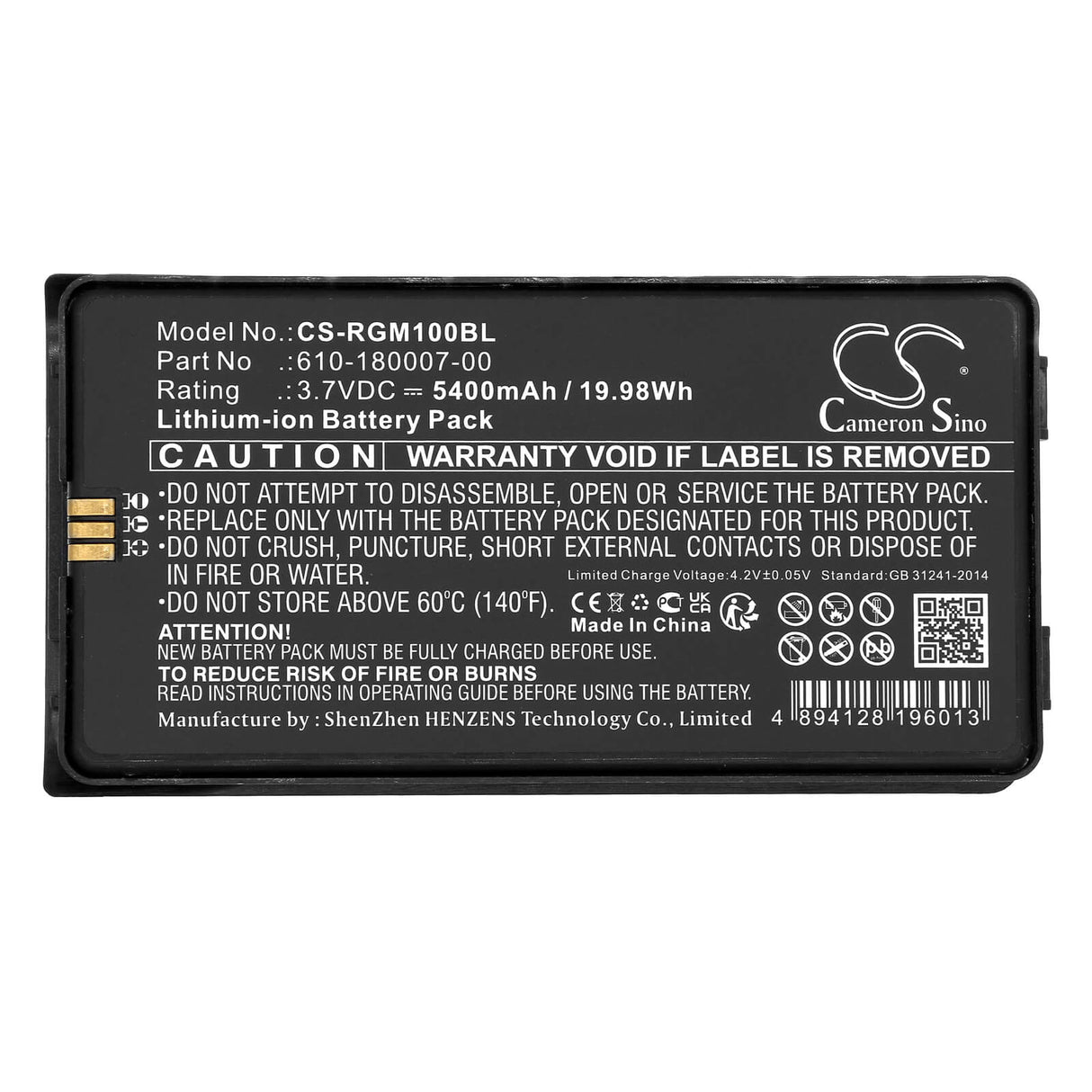 3,7v, Li-ion, 5400mAh, Batterie pour lecteur de codes-barres compatible avec Rgis, 610-190040, Rm-1, 19,98wh Lecteur de codes-barres Cameron Sino Technology Limited