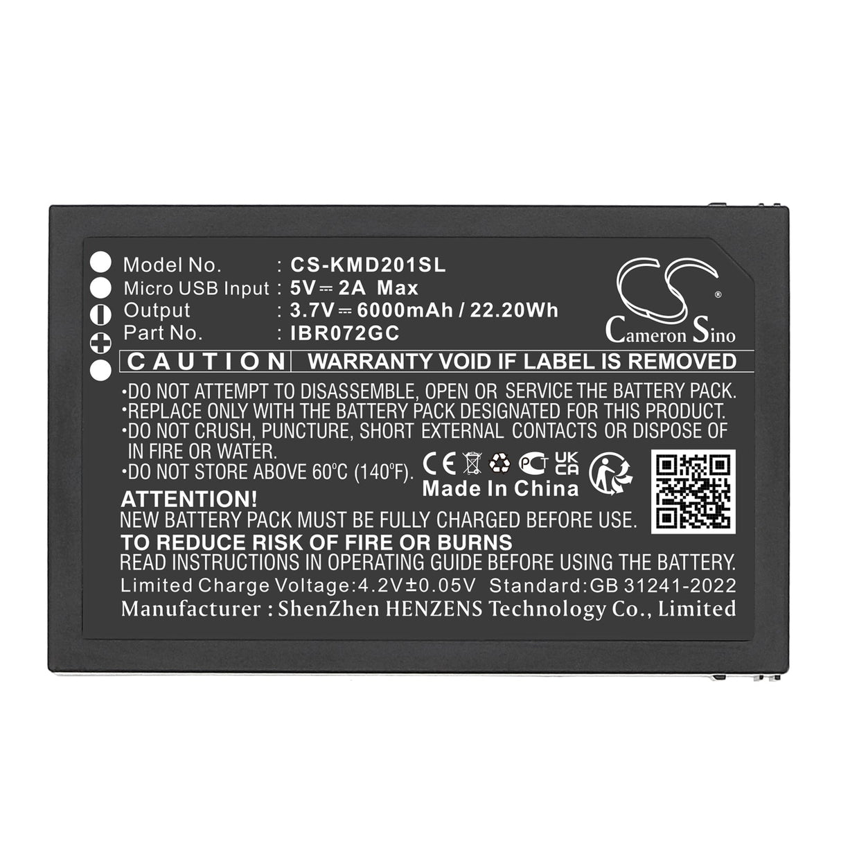 3,7 V, Li-ion, 6000 mAh, Batterie de caméra de sécurité domestique compatible avec Ies, Ad201-1, Ibr072gc, 22,20 Wh Caméra de sécurité domestique Cameron Sino Technology Limited