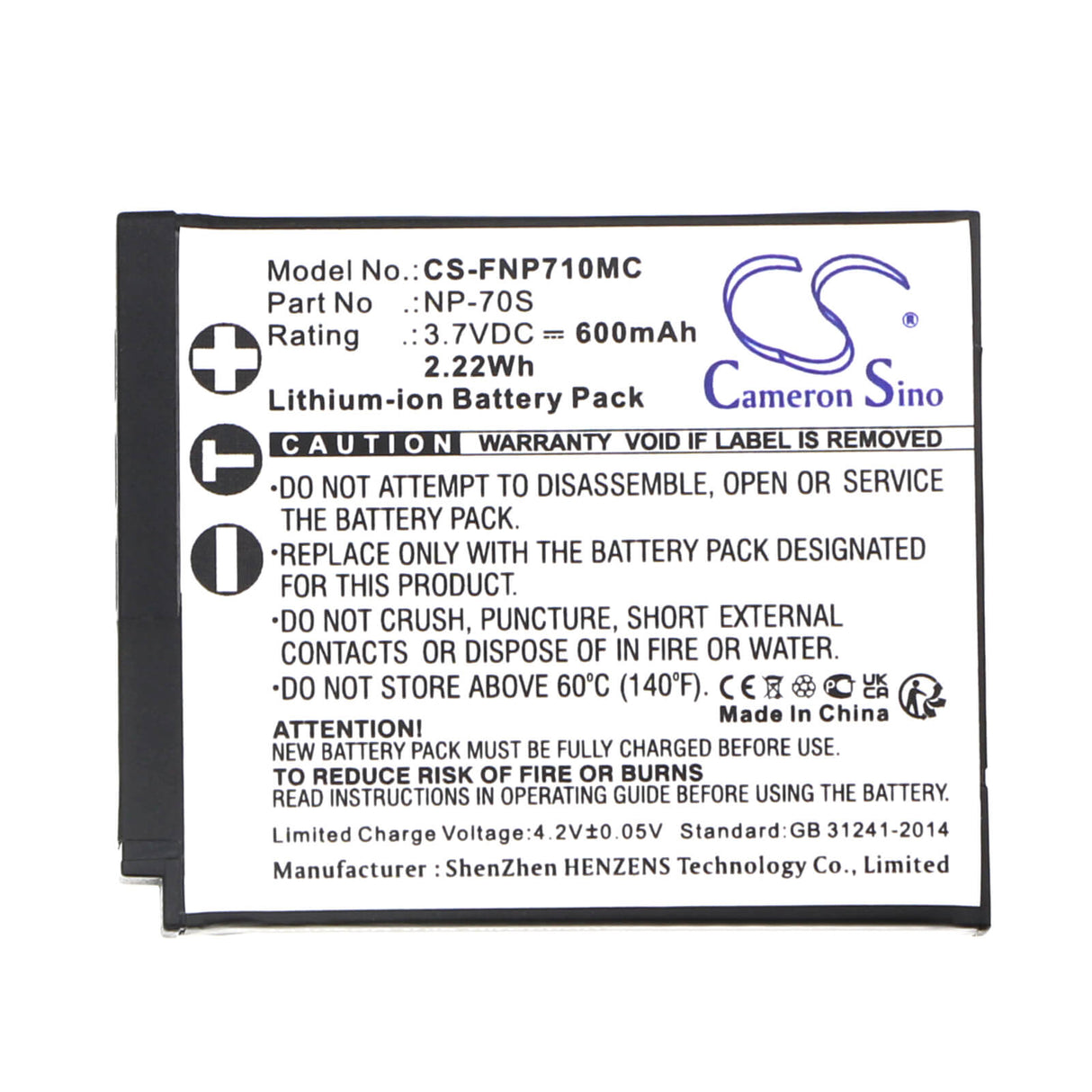 3.7V, Li-ion, 600mAh, Batterie d'appareil photo compatible avec Fujifilm, Np-70s, Instax Mini 99, 2.22Wh Appareil photo Cameron Sino Technology Limited (Appareil photo)
