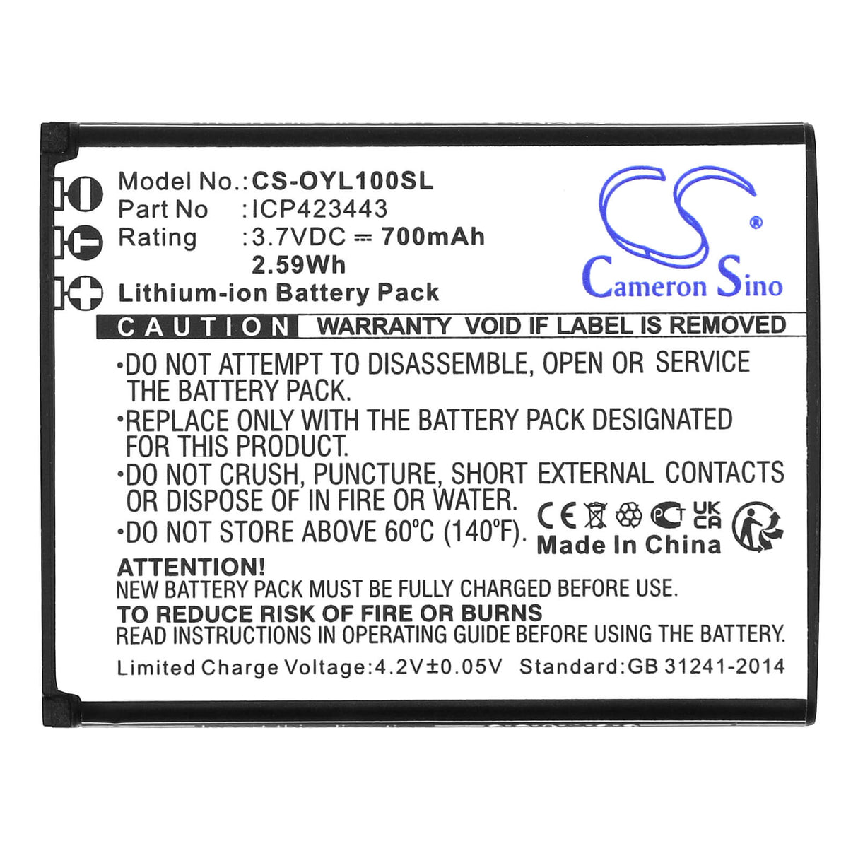 3.7V, Li-ion, 700mAh, SmartPhone battery fits Olympia, Icp423443, Luna, 2.59Wh Mobile, SmartPhone Cameron Sino Technology Limited (Smartphone)