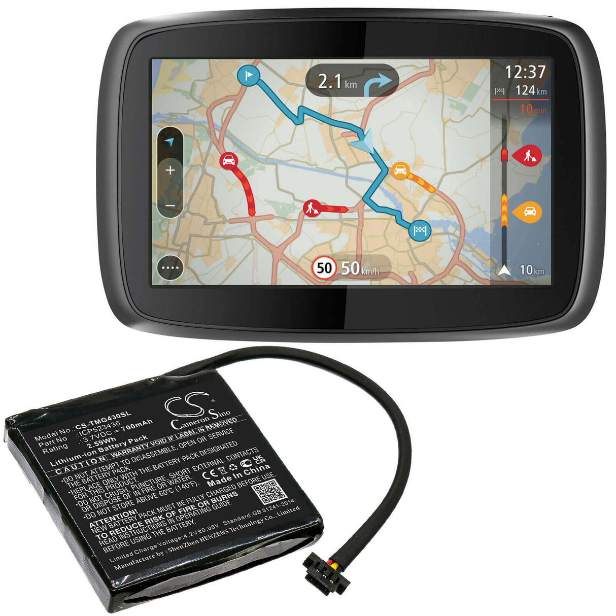 3,7V, Li-ion, 700mAh, batterie GPS compatible avec Tomtom, Icp523436, 4fb40, Go 400 4.3" Satnav, 2.59Wh GPS, Navigator Cameron Sino Technology Limited