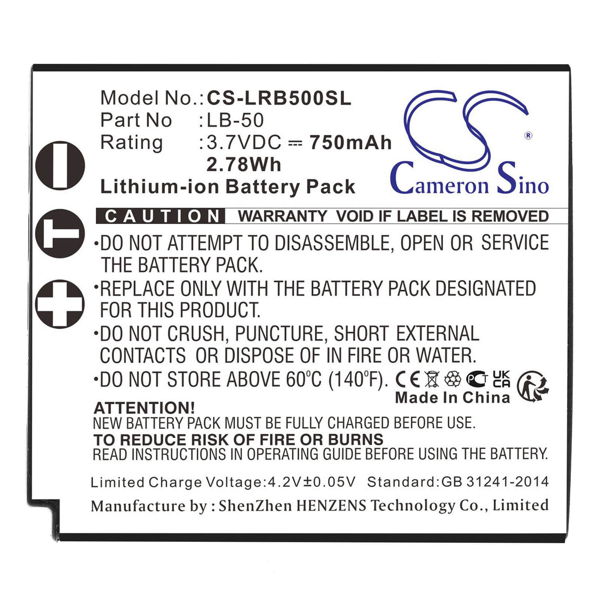 3.7V, Li-ion, 750mAh, batterie pour émetteurs et récepteurs compatible avec Lectrosonics, Lb-50, récepteur Ifbr1b, émetteur Bodypack Ssm, 2.78Wh émetteurs et récepteur Cameron Sino Technology Limited