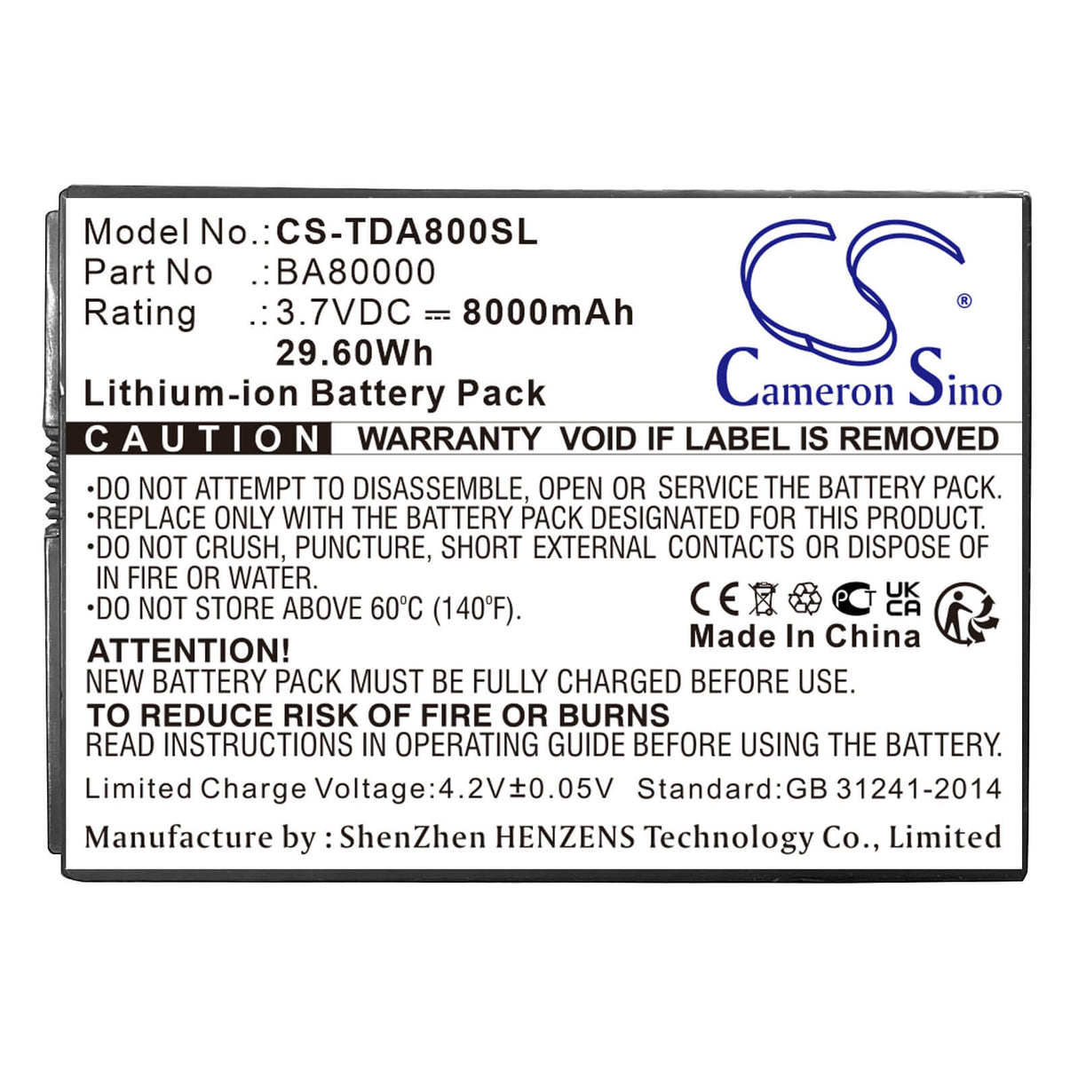 3,7V, Li-ion, 8000mAh, batterie de station de travail POS adaptée à Touch Dynamic, Flytech, Touch Dynamic, Flytech, Ba80000, Pb63d31, 29,6Wh POS Workstation Cameron Sino Technology Limited