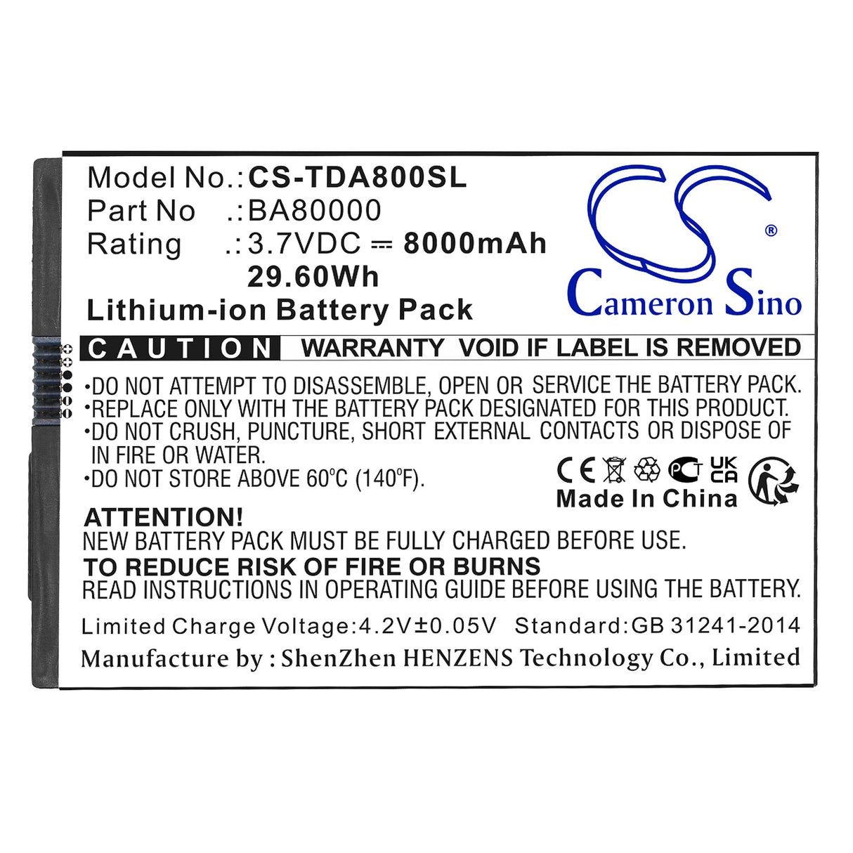 3,7V, Li-ion, 8000mAh, batterie de station de travail POS adaptée à Touch Dynamic, Flytech, Touch Dynamic, Flytech, Ba80000, Pb63d31, 29,6Wh POS Workstation Cameron Sino Technology Limited