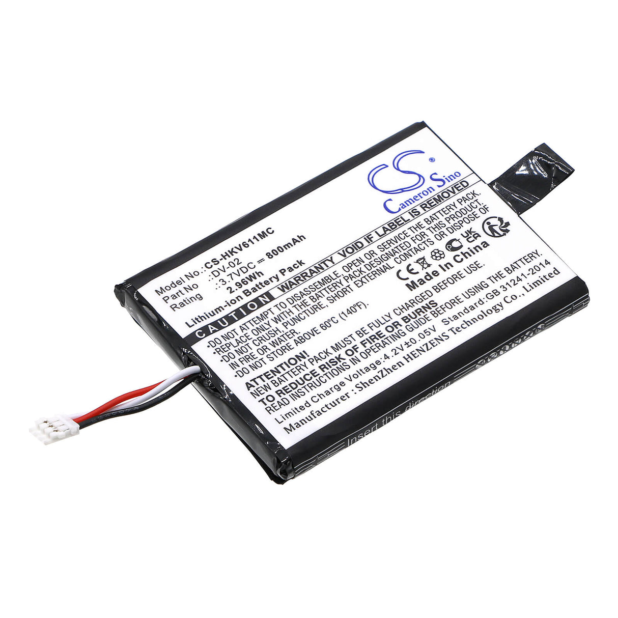 3,7V, Li-ion, 800mAh, Batterie de caméra de sécurité domestique compatible avec Hikvision, Ds-mh611, Ids-tco100f, 2,96Wh Caméra de sécurité domestique Cameron Sino Technology Limited