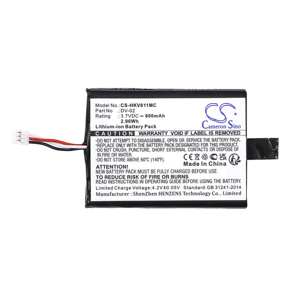 3,7V, Li-ion, 800mAh, Batterie de caméra de sécurité domestique compatible avec Hikvision, Ds-mh611, Ids-tco100f, 2,96Wh Caméra de sécurité domestique Cameron Sino Technology Limited