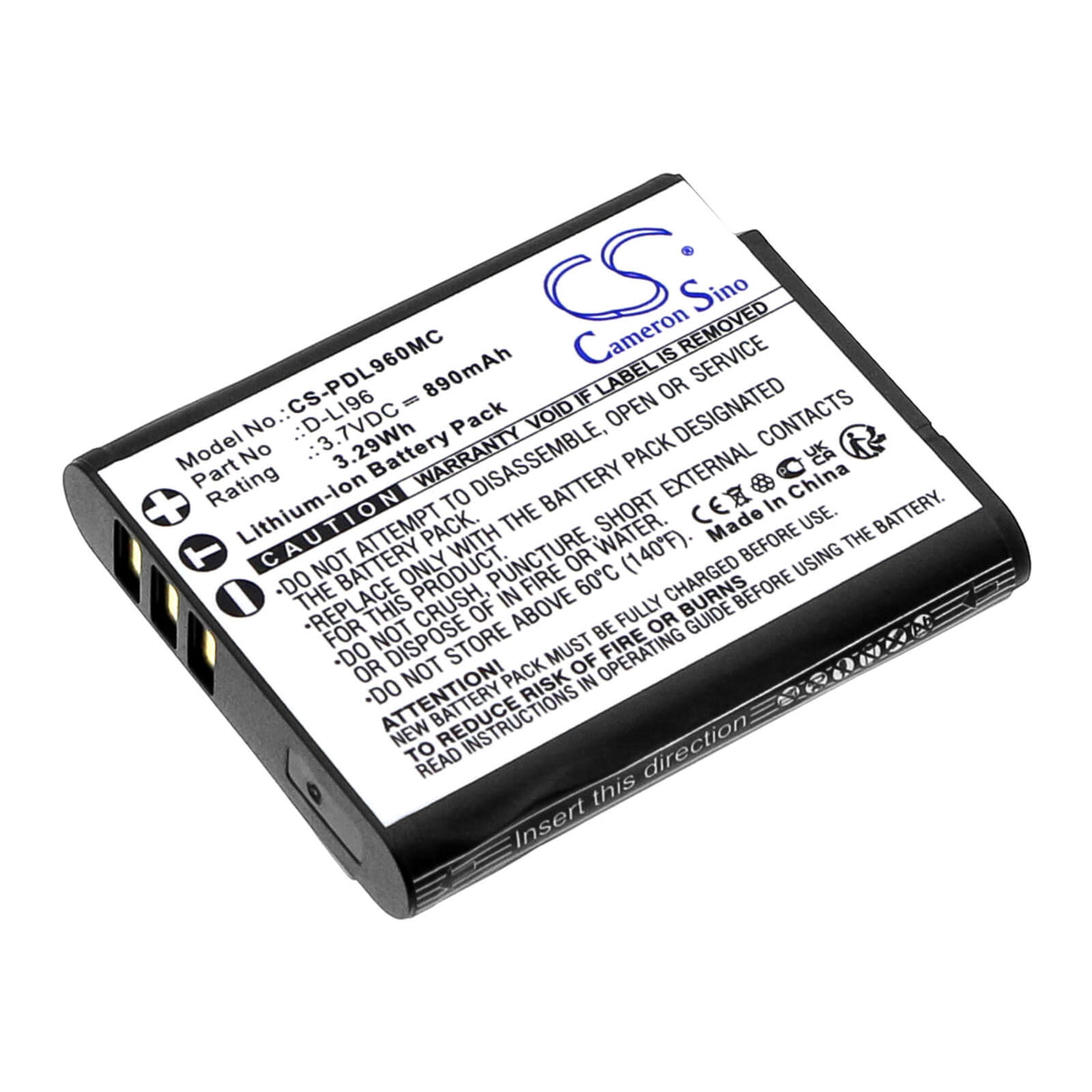 3,7V, Li-ion, 890mAh, Batterie d'appareil photo compatible avec Pentax, D-li96, Wg-1000, 3,293Wh Appareil photo Cameron Sino Technology Limited (Appareil photo)