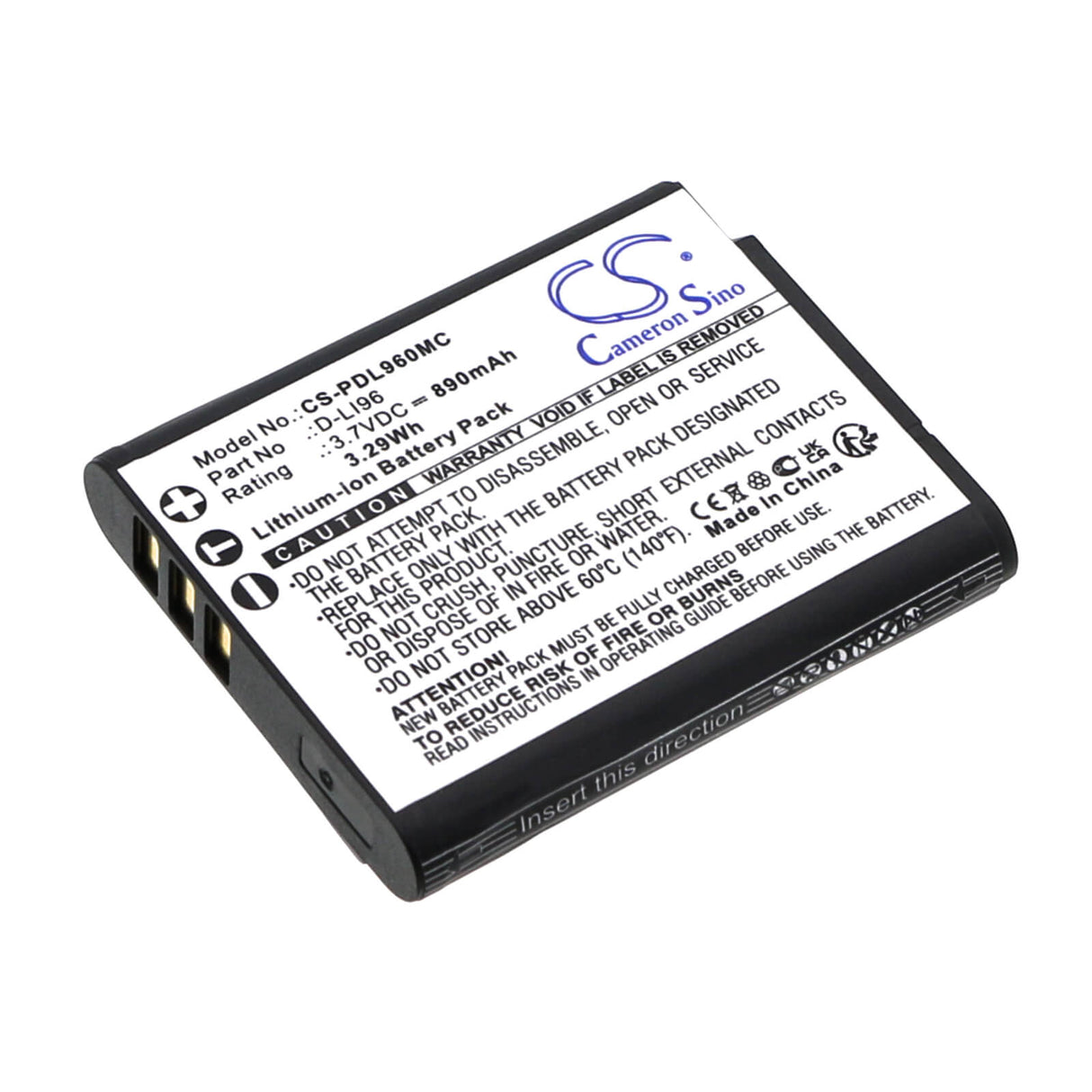 3,7V, Li-ion, 890mAh, Batterie d'appareil photo compatible avec Pentax, D-li96, Wg-1000, 3,293Wh Appareil photo Cameron Sino Technology Limited (Appareil photo)