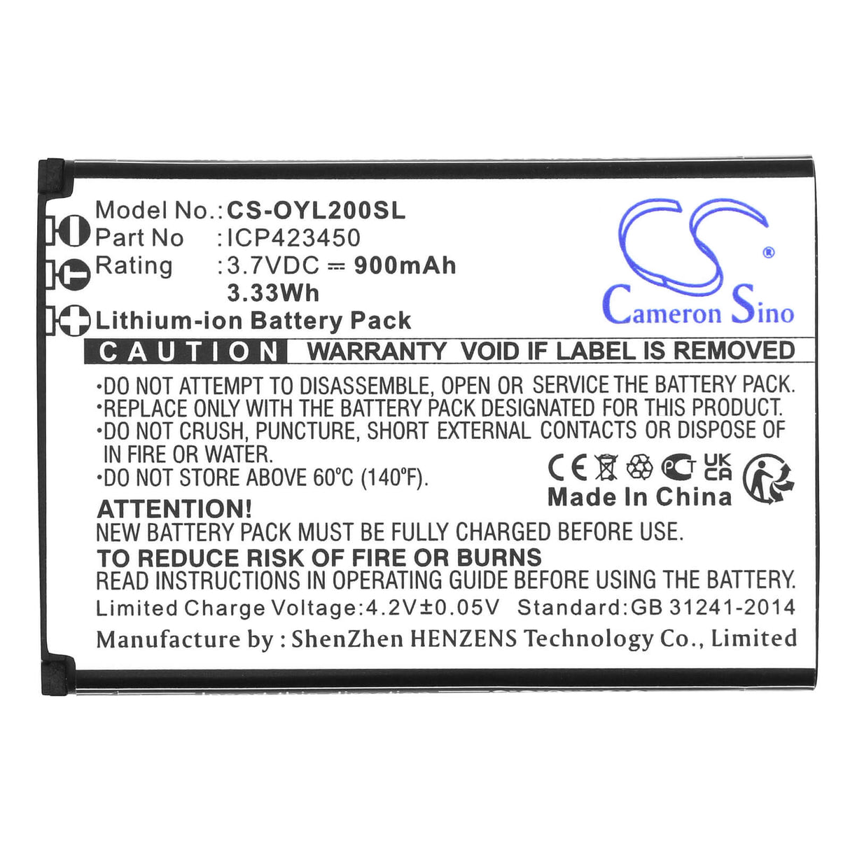 3.7V, Li-ion, 900mAh, SmartPhone battery fits Olympia, Icp423450, 2218, Happy Ii, 3.33Wh Mobile, SmartPhone Cameron Sino Technology Limited (Smartphone)