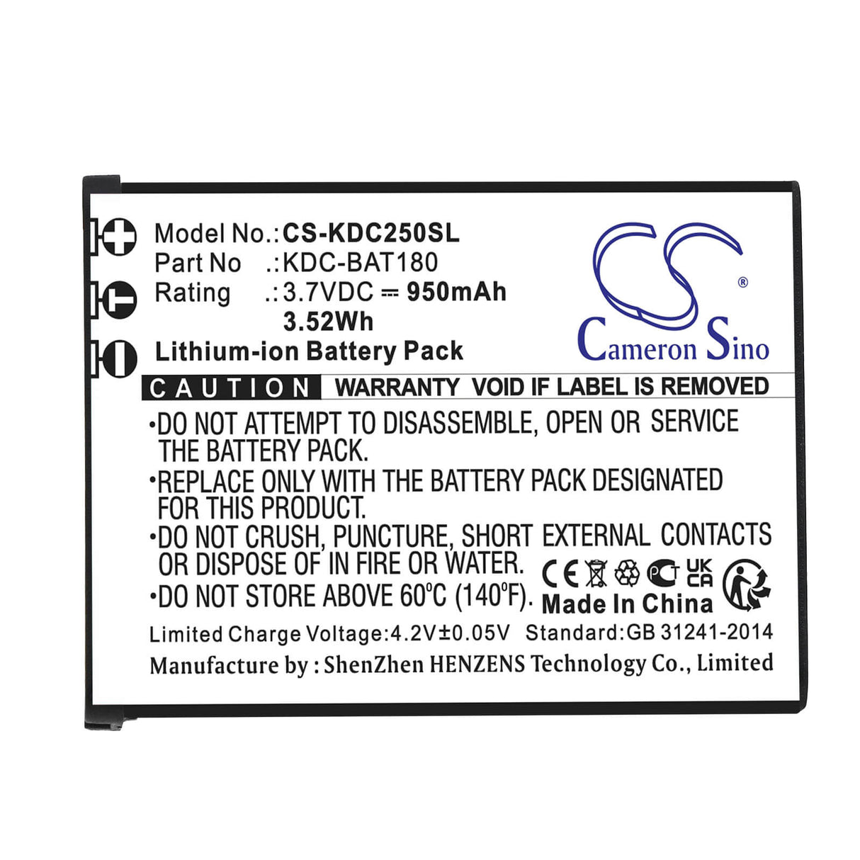 3.7v, Li-ion, 950mah, Barcode Scanner Battery Fits Koamtac, Kdc-250, Kdc-300, 3.52wh Barcode Scanner Cameron Sino Technology Limited