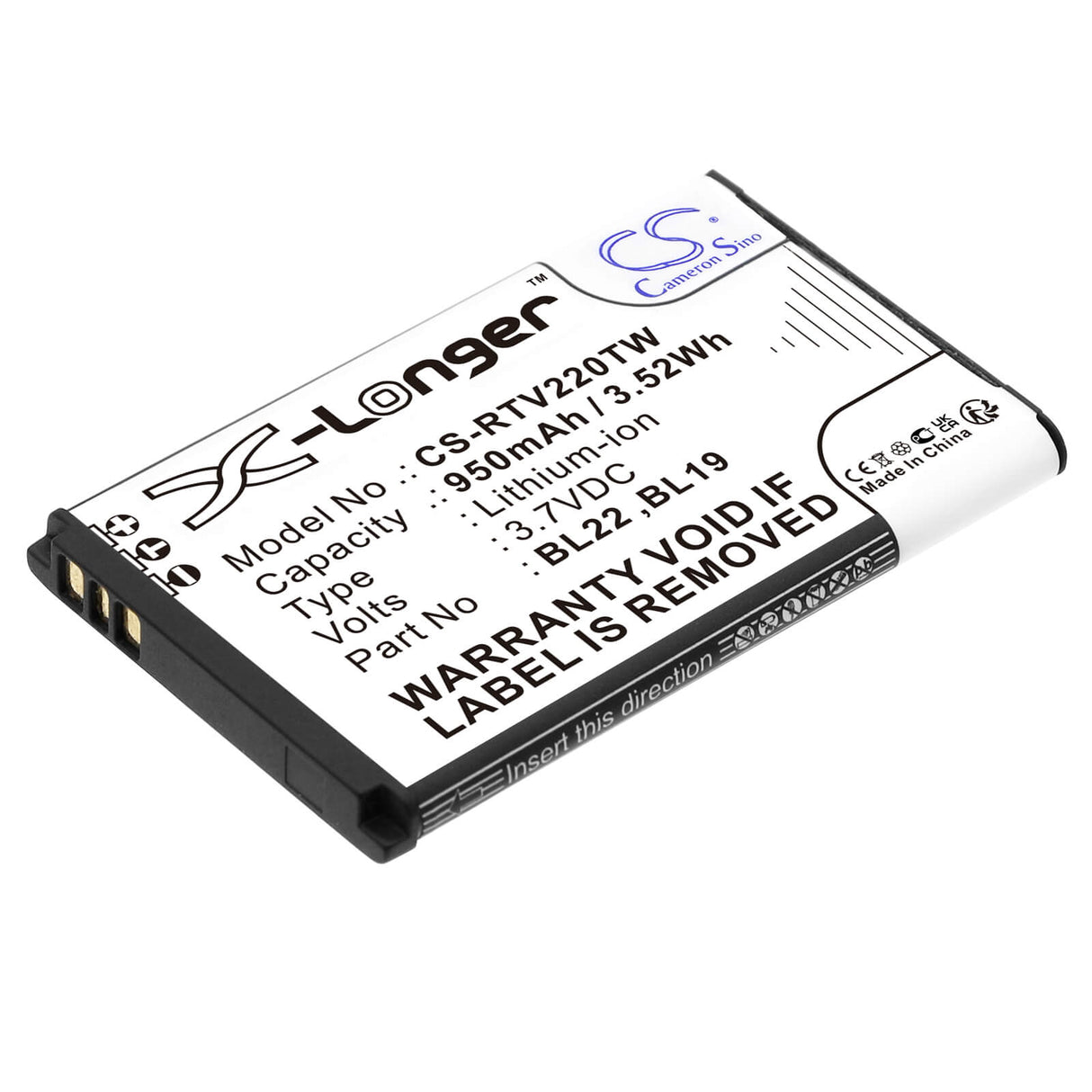 3.7V, Li-ion, 950mAh, Two-Way Radio battery fits Retevis, Bl19, Dt22, Rt15, 3.52Wh Two-Way Radio Cameron Sino Technology Limited