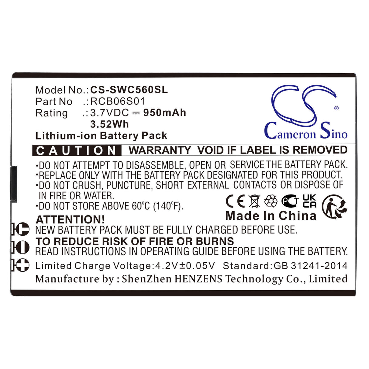 3.7V, Li-ion, 950mAh, SmartPhone battery fits Swisstone, Rcb06s01, Sc560, 3.52Wh Mobile, SmartPhone Cameron Sino Technology Limited (Smartphone)