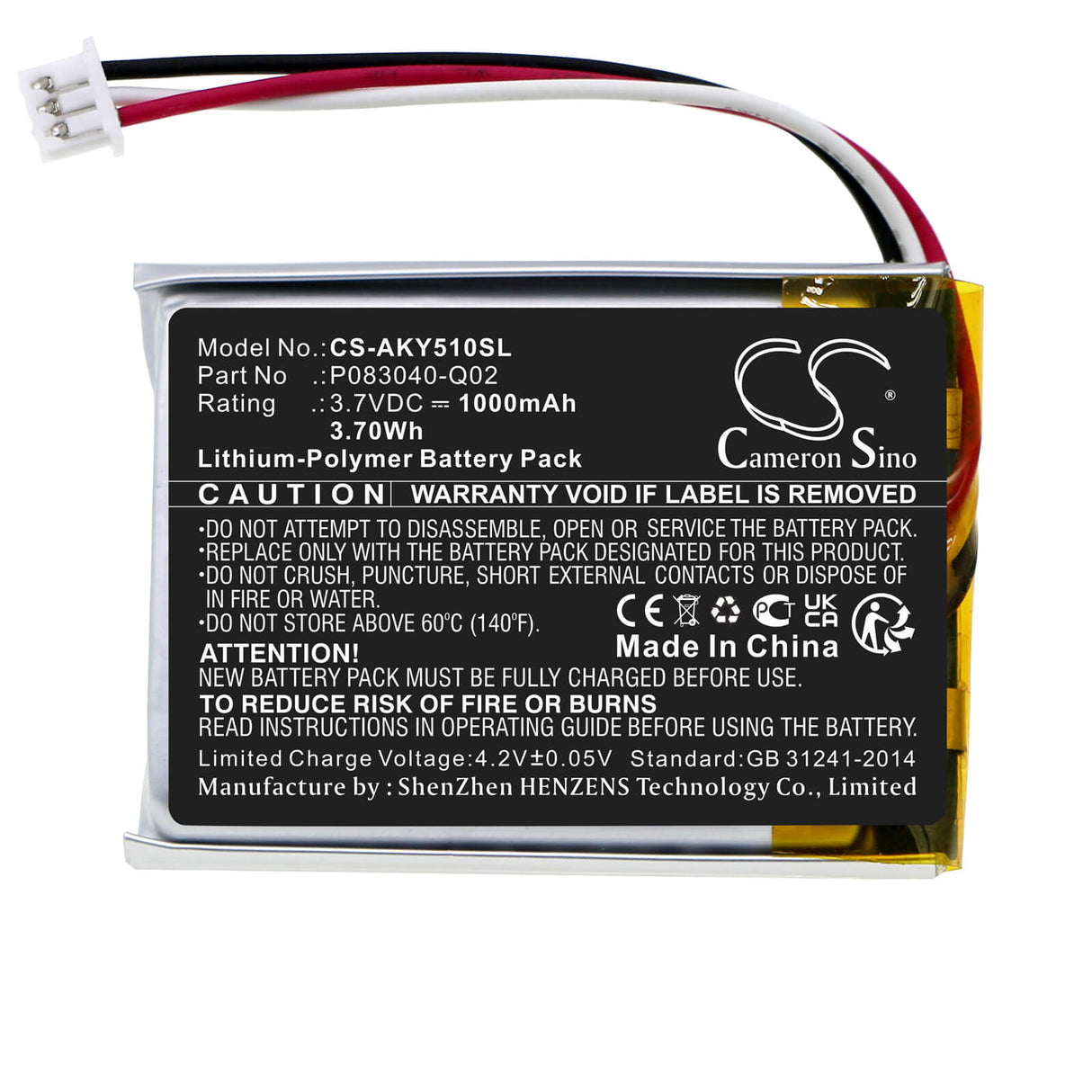 3.7V, Li-Polymer, 1000mAh, Headset battery fits Akg, P083040-q02, C50bt, Y50bt, 3.7Wh Wireless Headset Cameron Sino Technology Limited