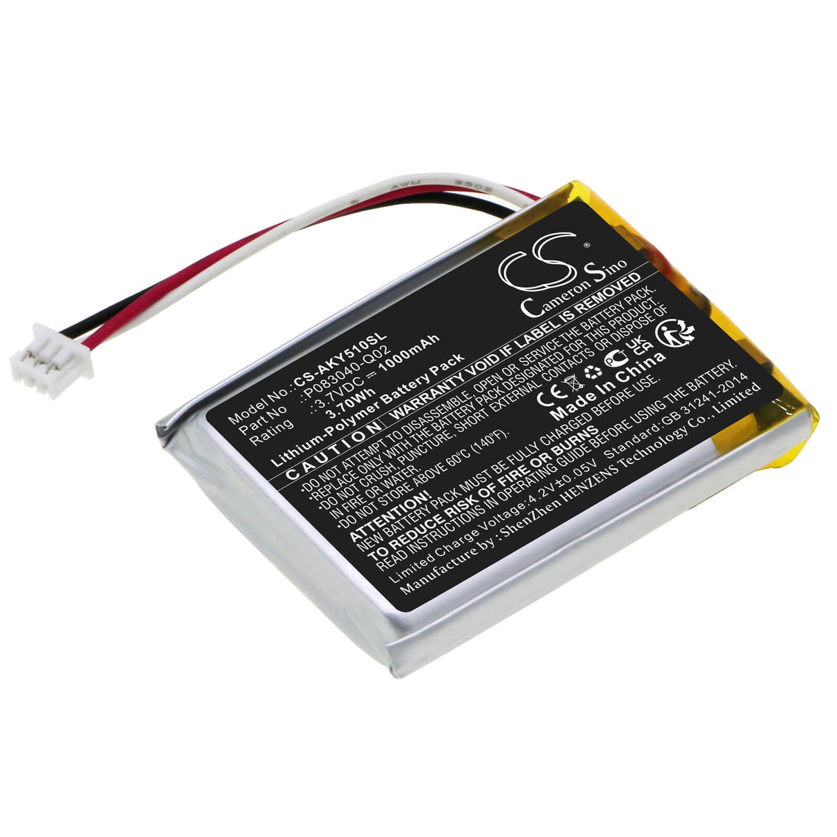3.7V, Li-Polymer, 1000mAh, Headset battery fits Akg, P083040-q02, C50bt, Y50bt, 3.7Wh Wireless Headset Cameron Sino Technology Limited