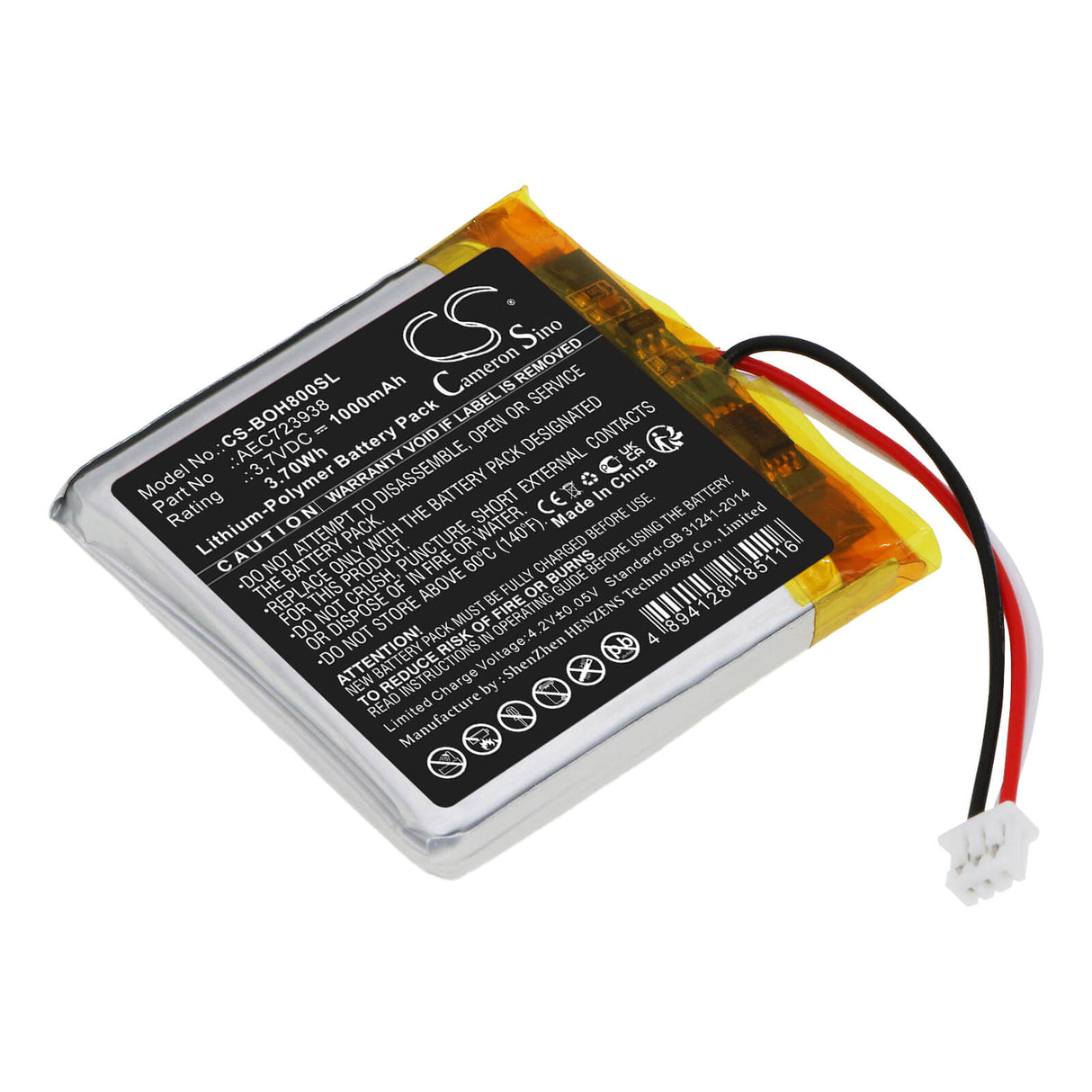 3.7V, Li-Polymer, 1000mAh, Speaker battery fits Bang & Olufsen, Beoplay H8i, Beoplay H9 3rd Generation, 3.70Wh Speaker Cameron Sino Technology Limited