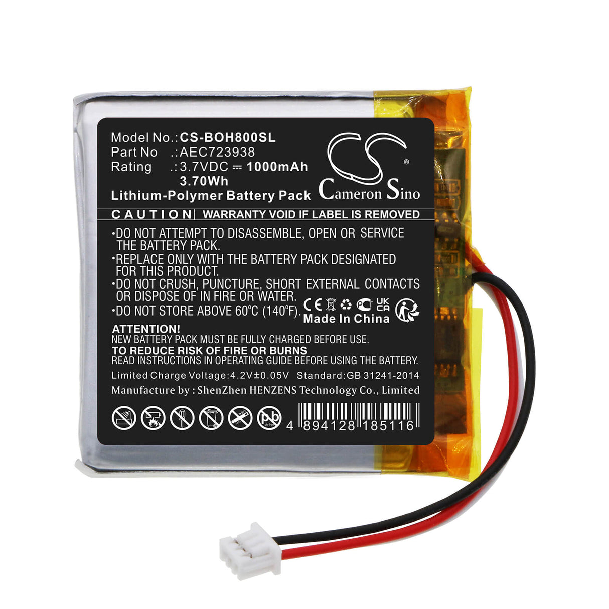3.7V, Li-Polymer, 1000mAh, Speaker battery fits Bang & Olufsen, Beoplay H8i, Beoplay H9 3rd Generation, 3.70Wh Speaker Cameron Sino Technology Limited