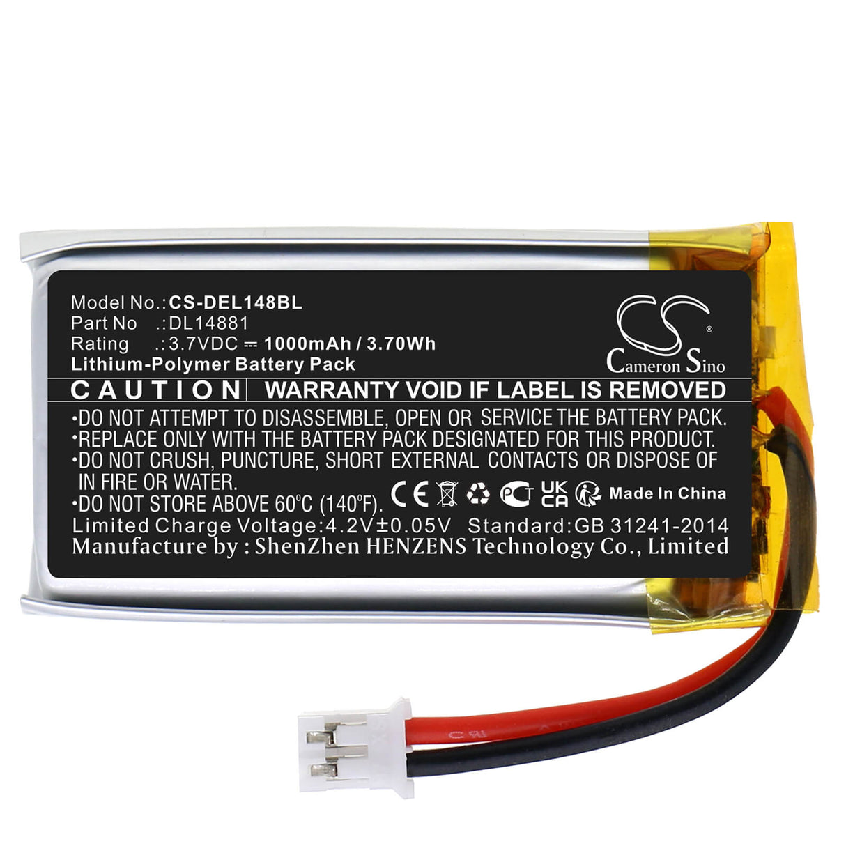 3.7v, Li-polymère, 1000mah, Batterie de scanner de code-barres compatible avec Deli 14951w, 3.70wh Scanner de code-barres Cameron Sino Technology Limited